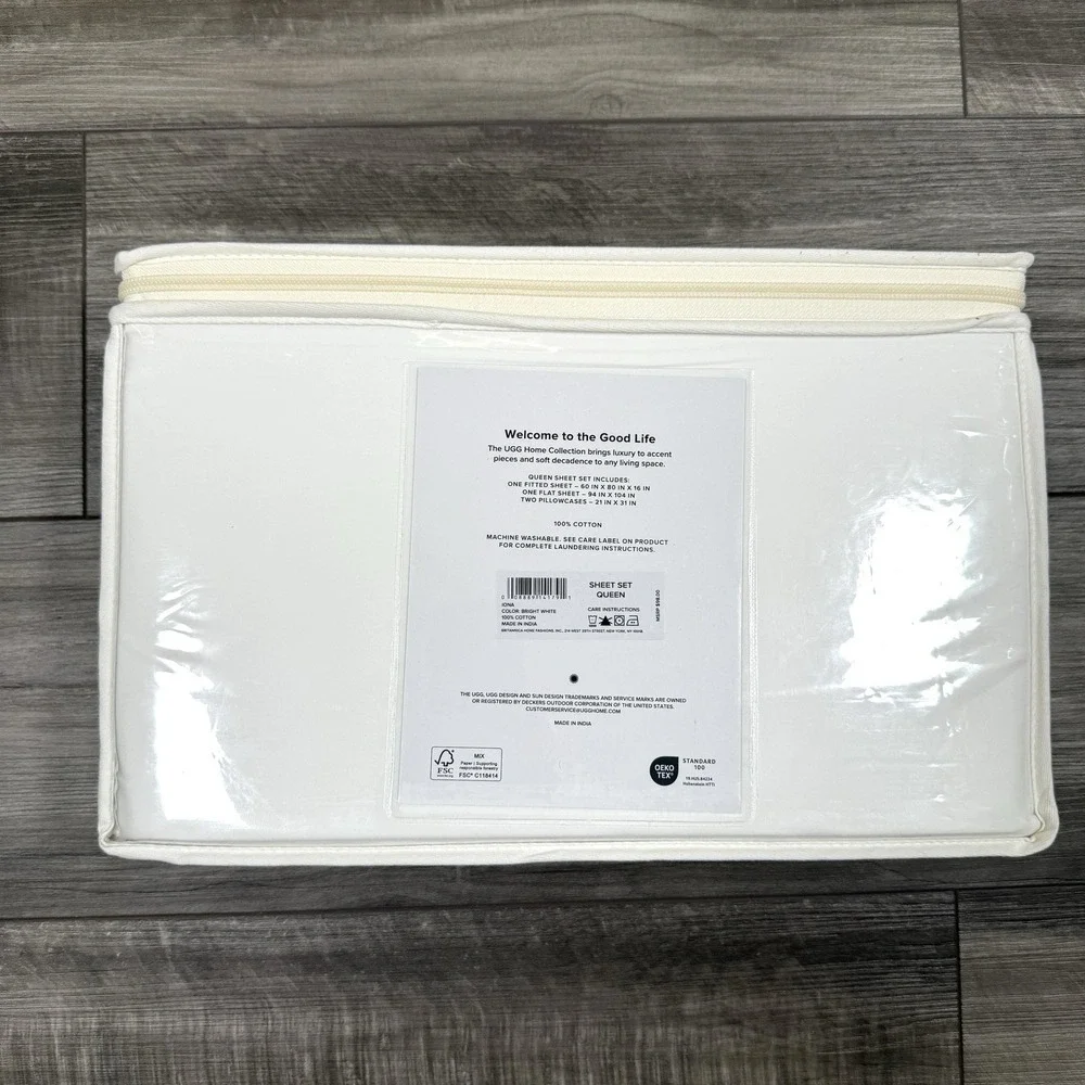 UGG IONA Queen Sheet Set‎ 300 Thread Count Bright White 100% Cotton NEW